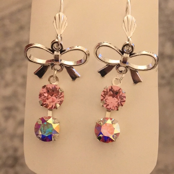 Rose + Aurora Borealis Crystal Bow Earrings - Picture 10 of 10